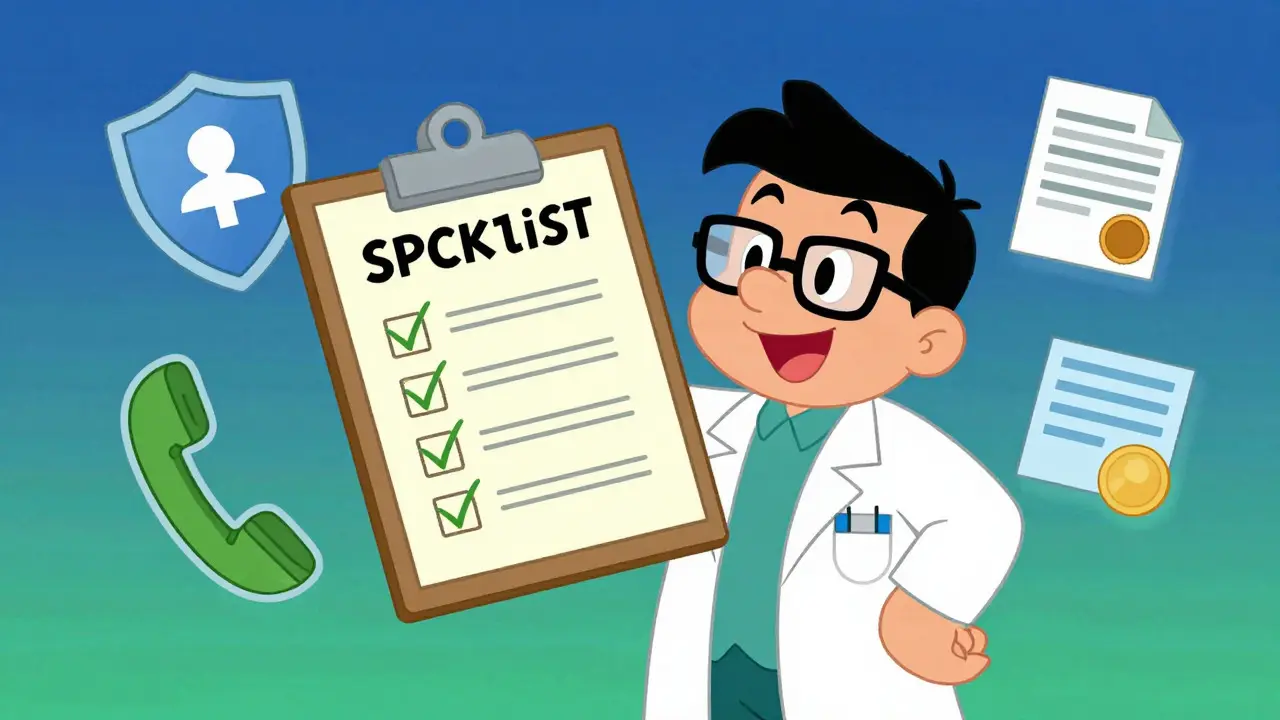 Friendly pharmacist holding safety checklist with shield icons