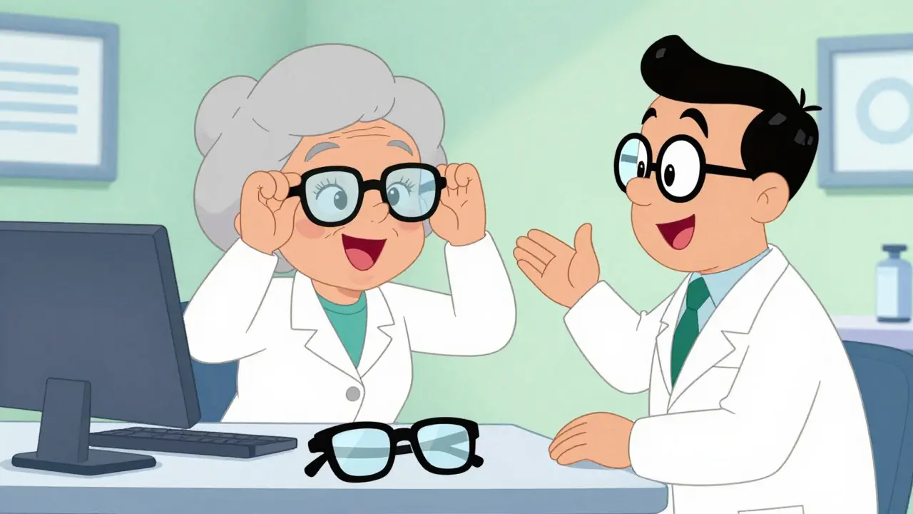 Happy elderly woman trying on new progressive lenses in an optometry clinic