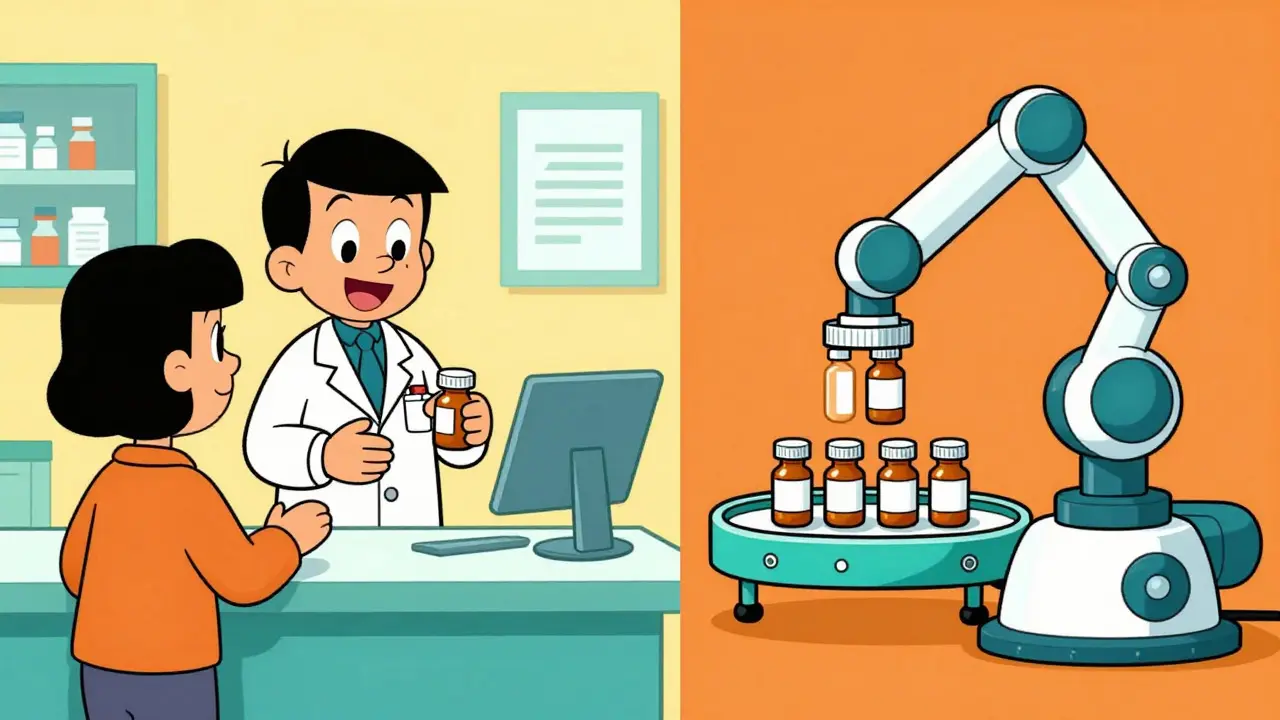 Illustration comparing traditional pharmacy counter with online automated packaging