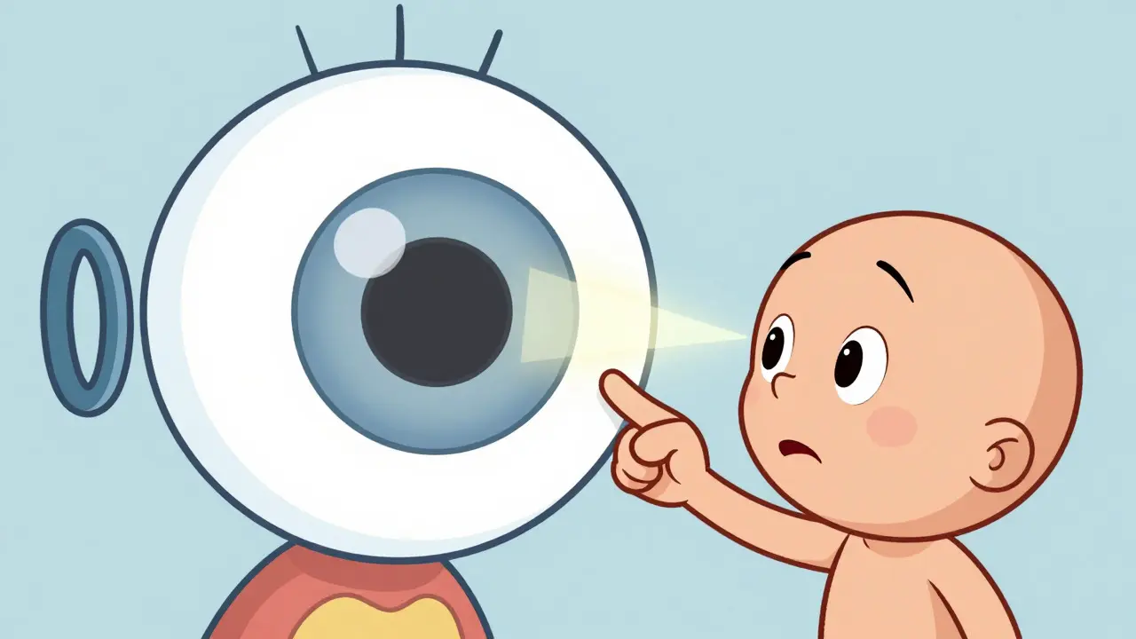 Illustration showing a stiff eye lens failing to focus light compared to a flexible one