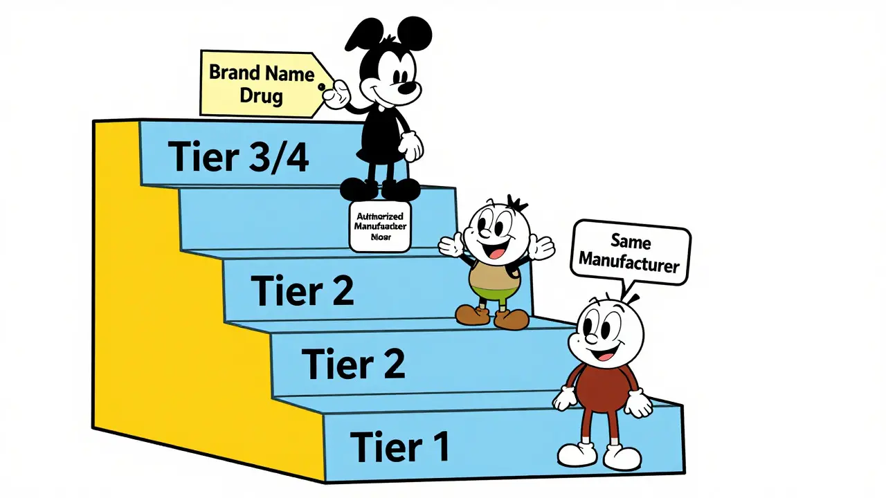 Illustration showing insurance drug tiers with authorized generic in middle tier for savings