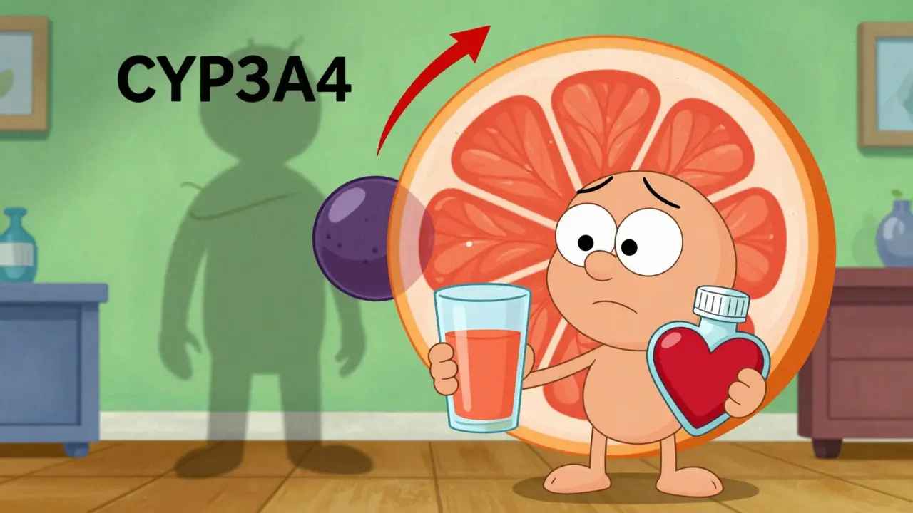 Person holding grapefruit juice and meds with a shadow of a blocked enzyme