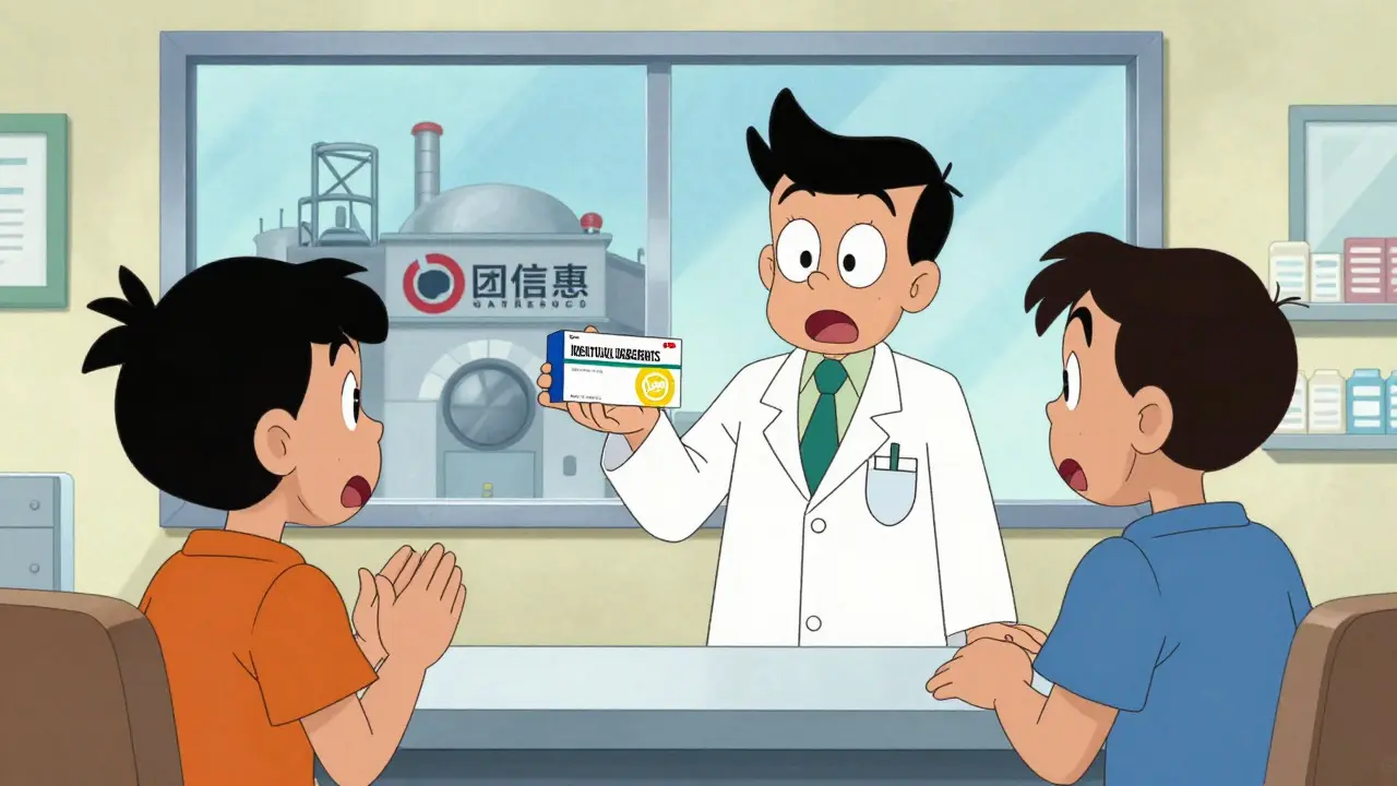Pharmacist explaining authorized generic benefits to patient in Hanna-Barbera style