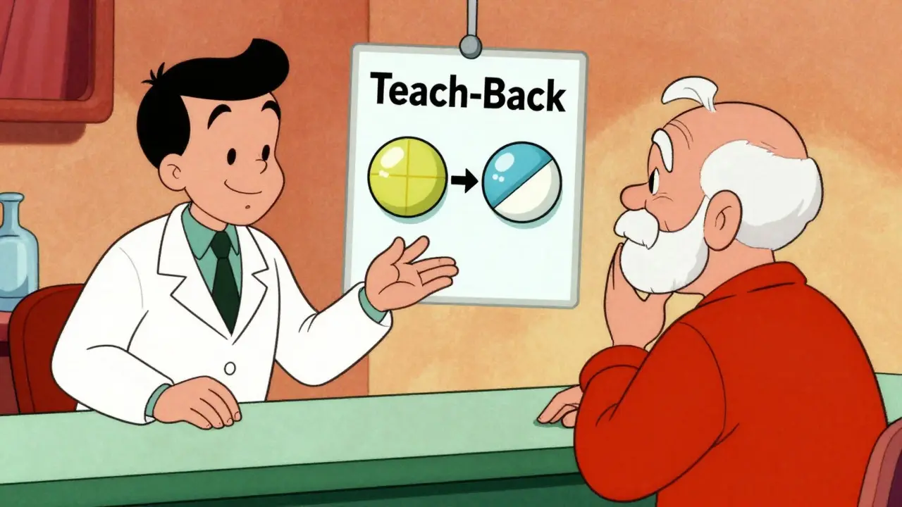Pharmacist explaining generic medication differences to elderly patient