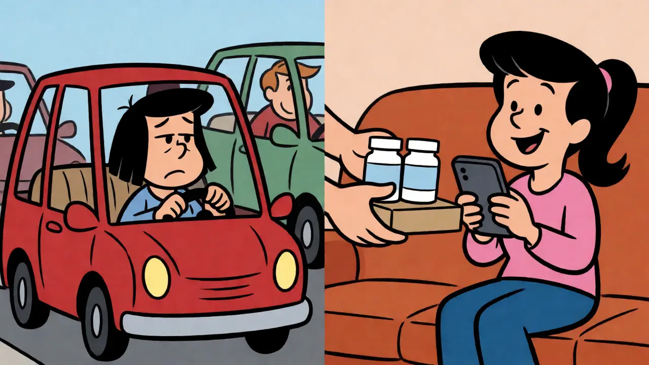Split screen comparing driving to pharmacy versus home delivery
