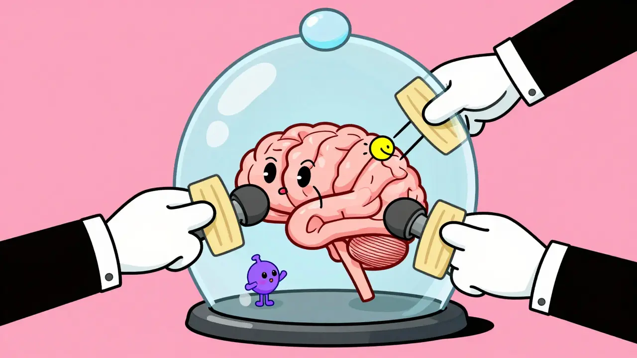 Stylized brain with messengers blocked by gloved hands