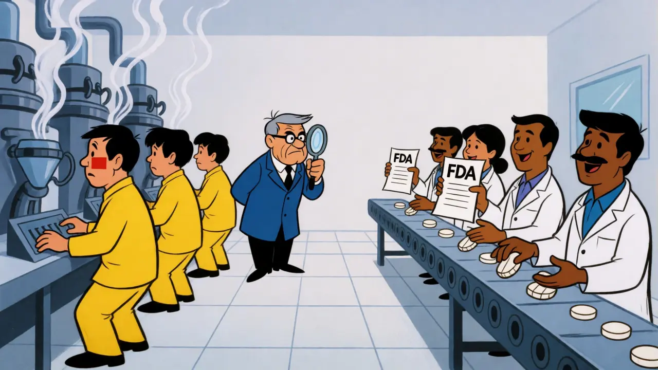 FDA inspector scrutinizes Chinese lab workers while Indian staff work confidently.